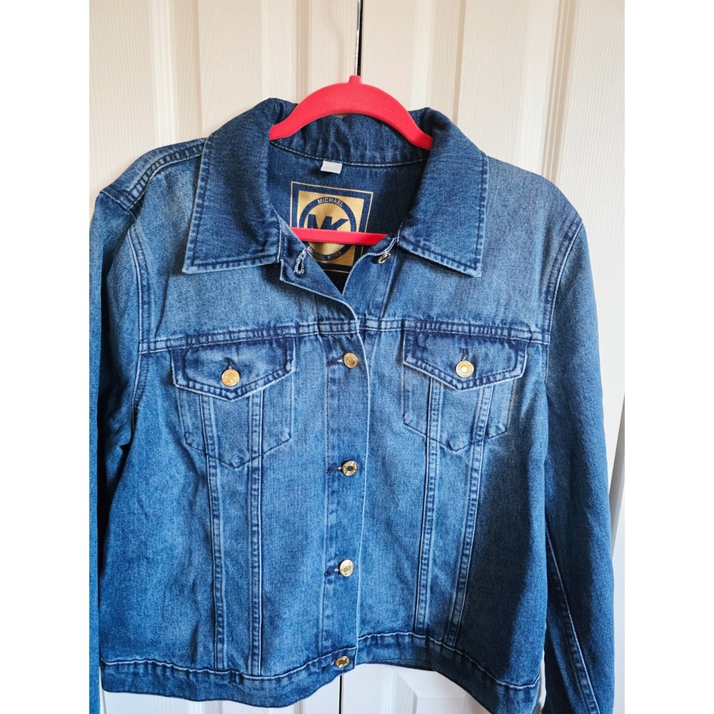 Michael‎ Kors Denim Jacket Women's XL Blue Jean Art Painted Peace Hands MK Logo - Picture 2 of 10